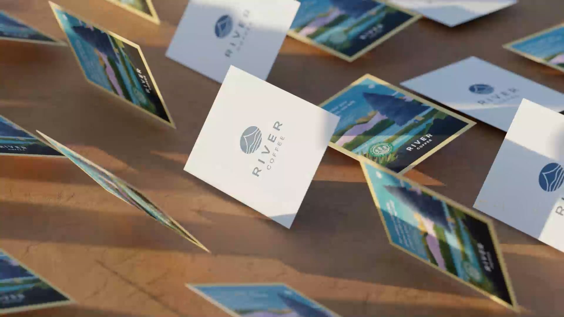 River coffee business cards mid rotation featuring water colour illustrations