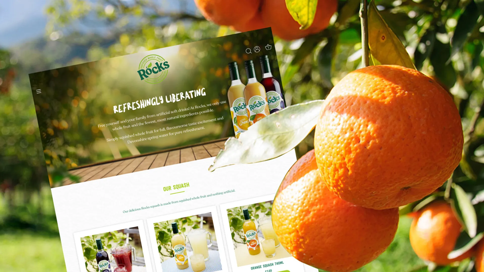 an orange tree with vibrant orange fruits, next to a digital render of the rocks drinks homepage