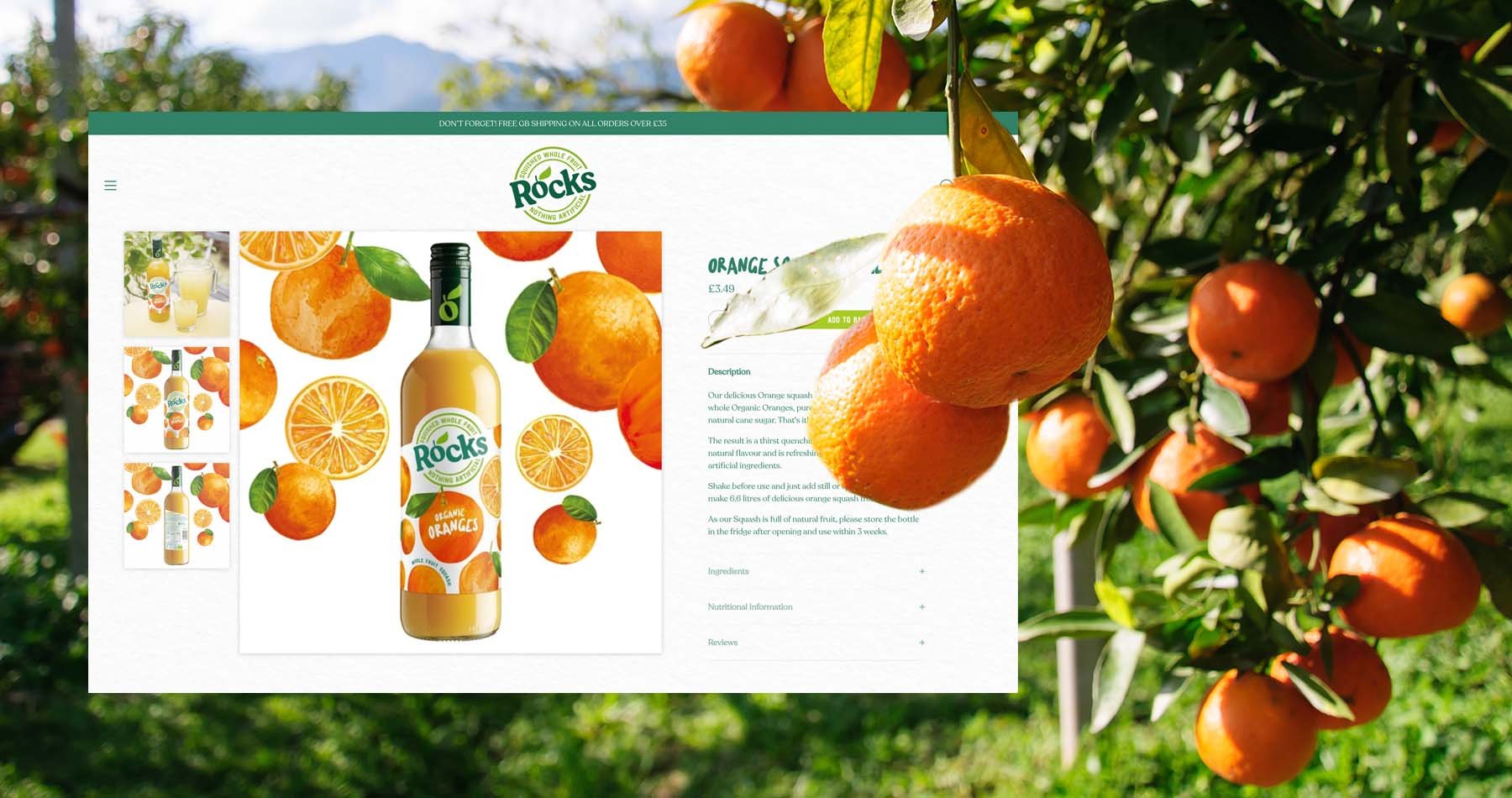 a render of a webpage for orange juice with oranges on a tree in the foreground
