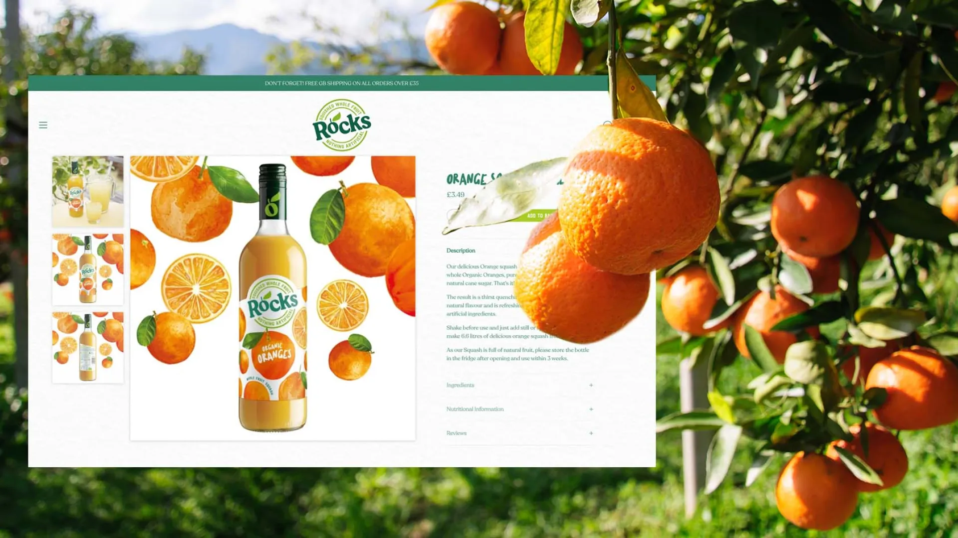 a render of a webpage for orange juice with oranges on a tree in the foreground