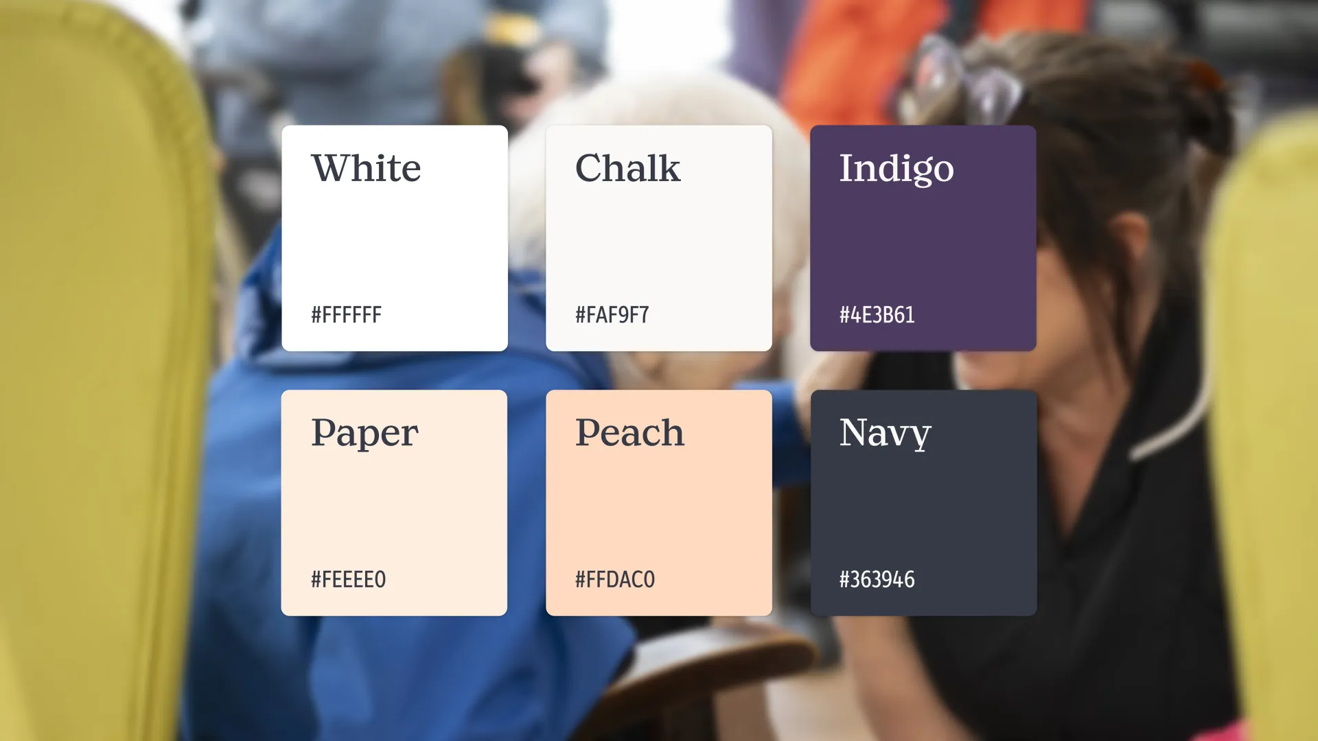A colour palette showing White, Chalk, Indigo, Paper, Peach and Navy swatches with hex codes.