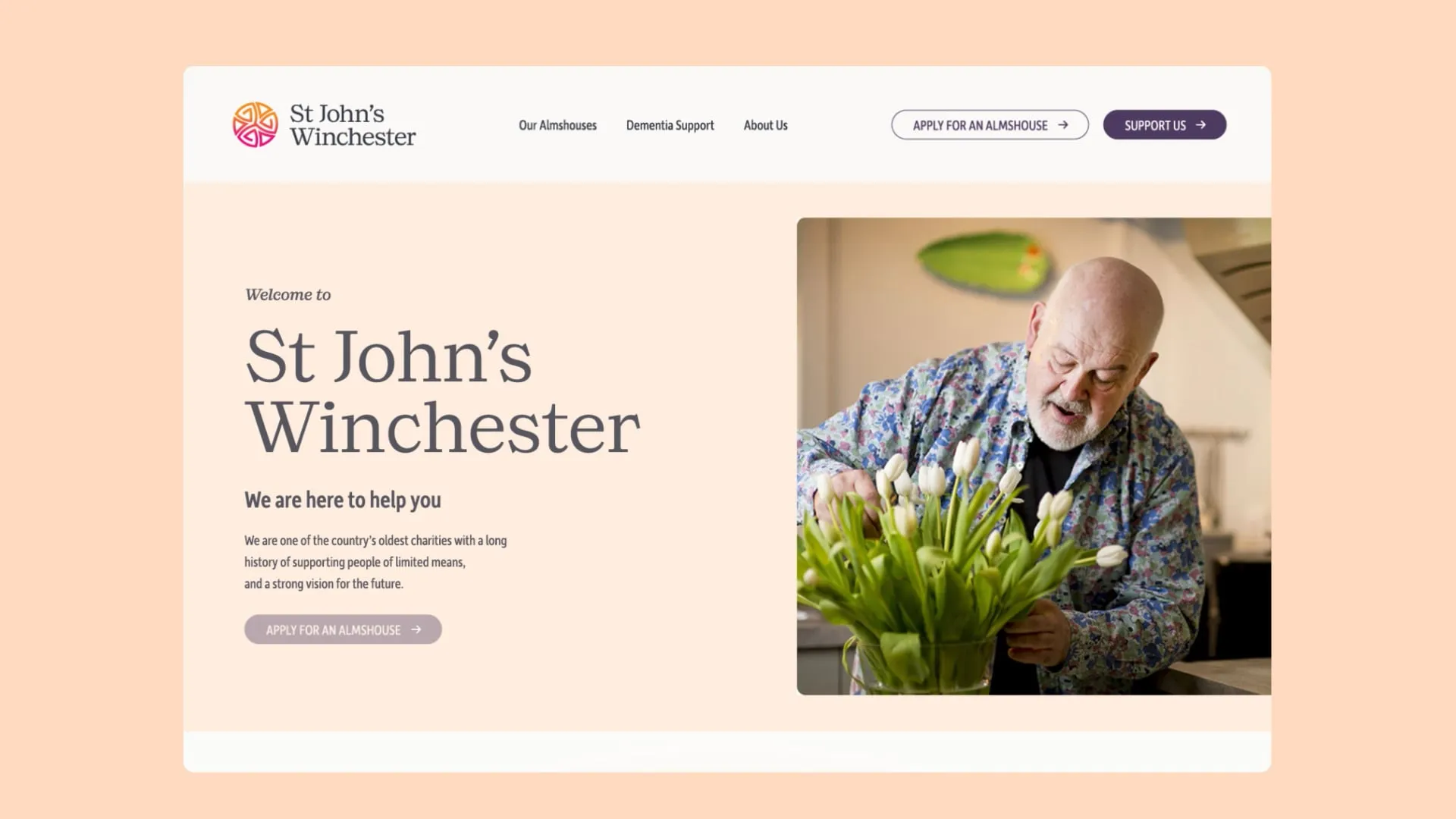 A St John’s Winchester homepage mockup featuring welcome text, navigation buttons, and a photo of a man arranging flowers.