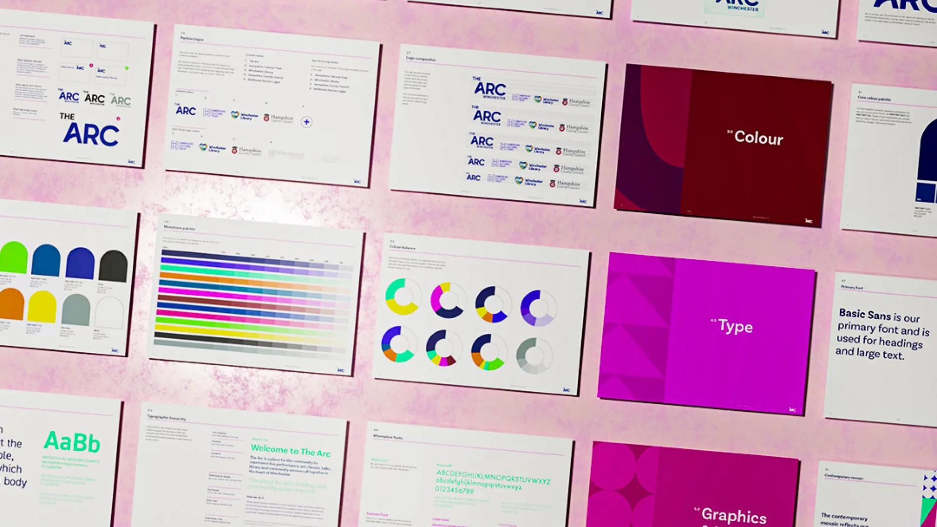 Graphic cards showing different staged of a design process and 'The Arc' branding