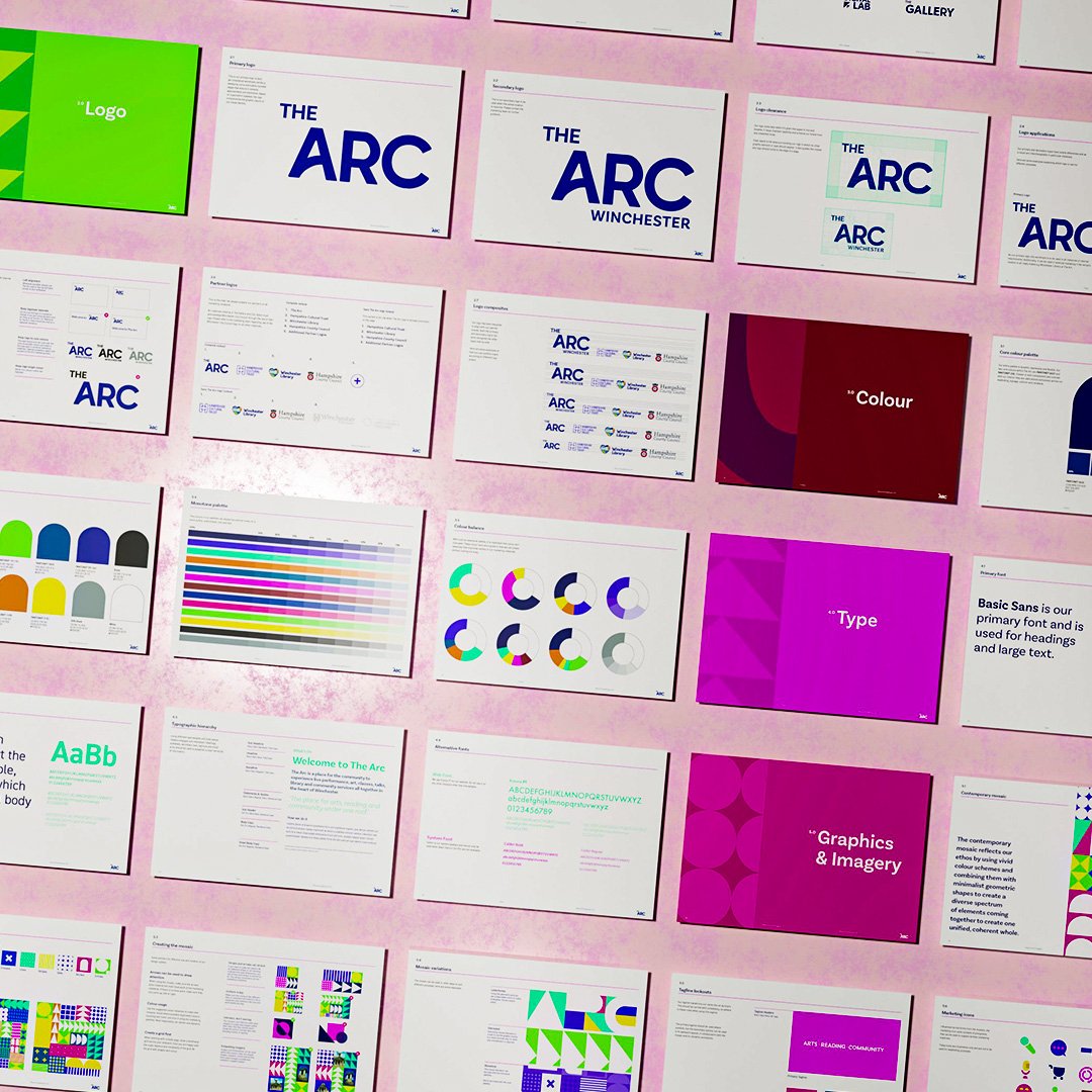 Graphic cards showing different staged of a design process and 'The Arc' branding