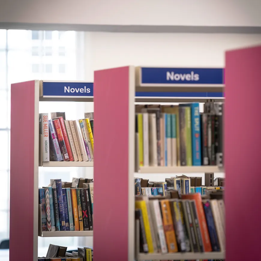 Bookshelves with the word novels written above