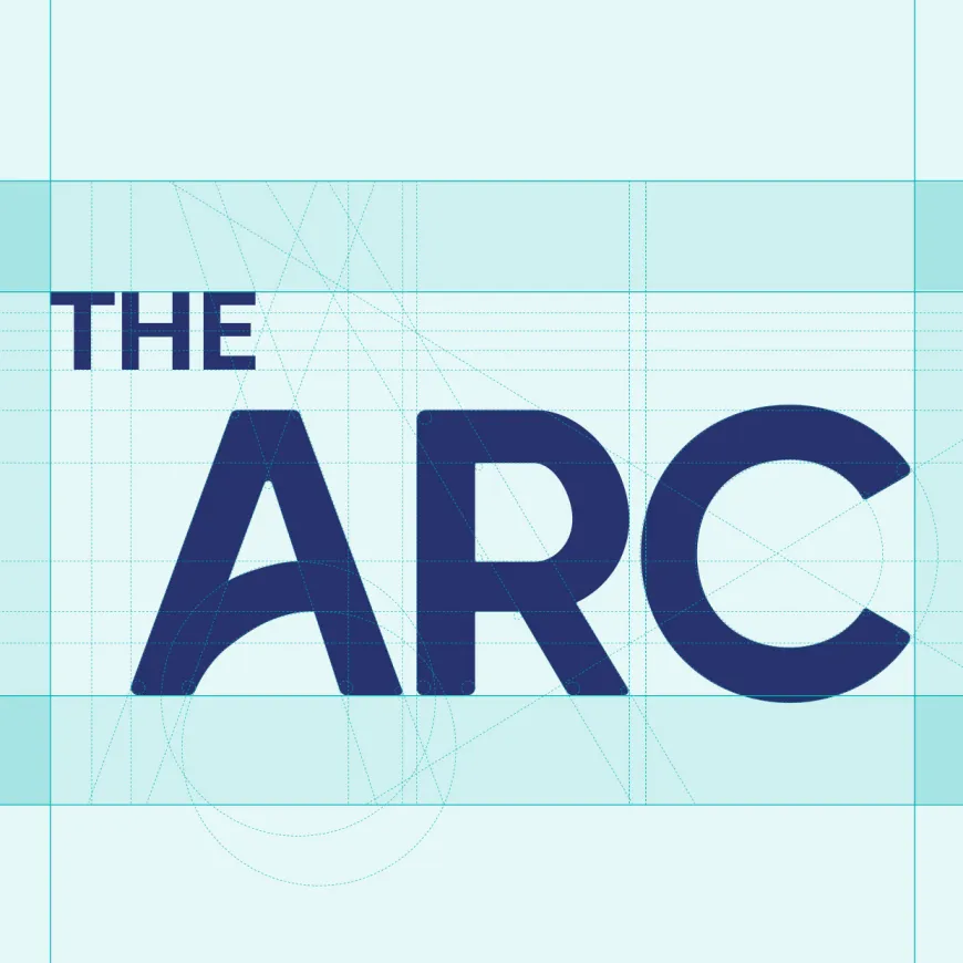 'The Arc' in a dark blue font with designer grid lines