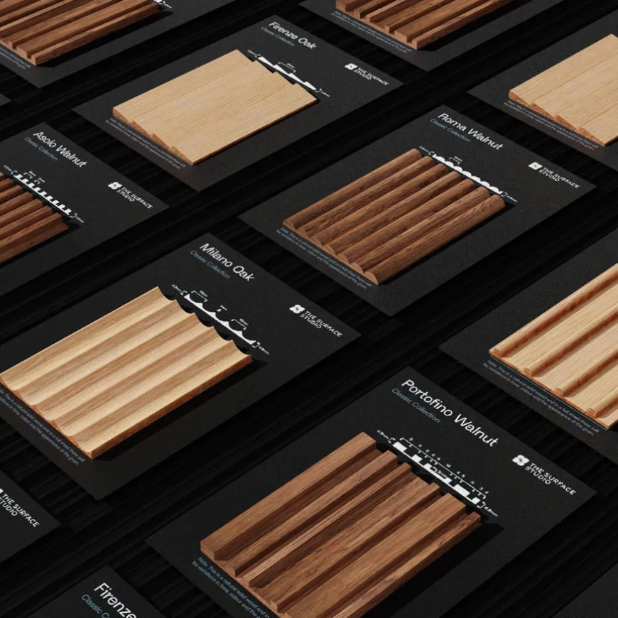 Wood panel sample cards displaying a range of profiles and finishes