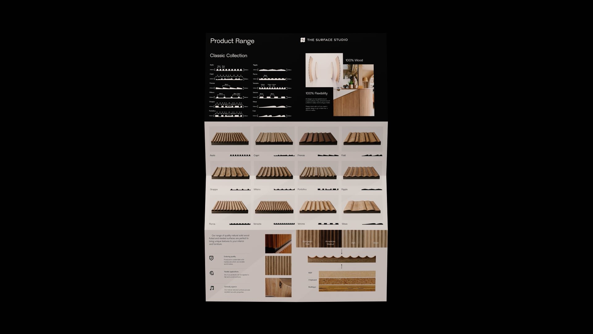 Product range brochure showcasing wood panel profiles and finishes
