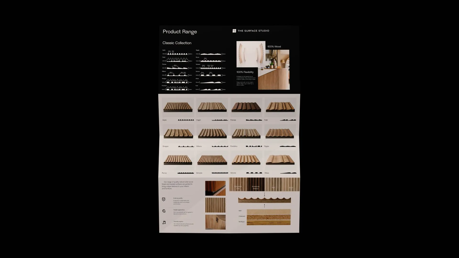 Product range brochure showcasing wood panel profiles and finishes