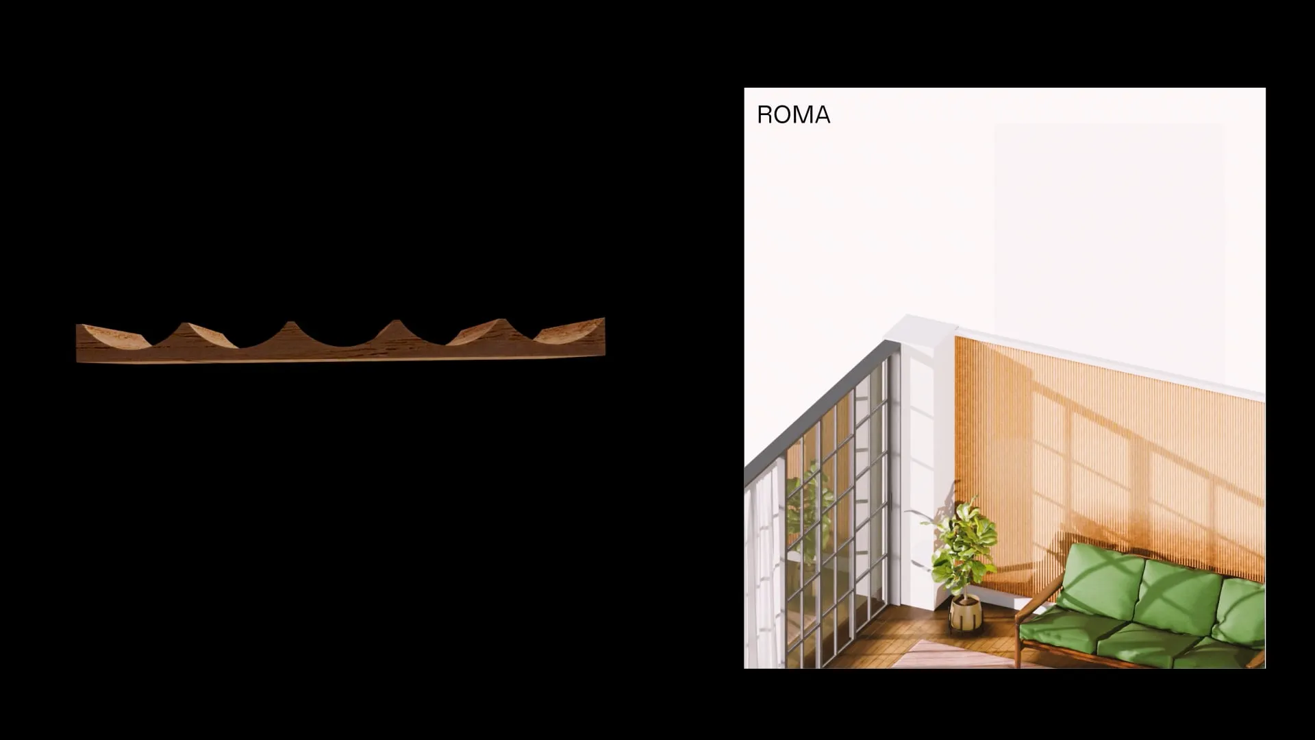 Wood sample profile beside a rendering of a modern room with slatted wall panels