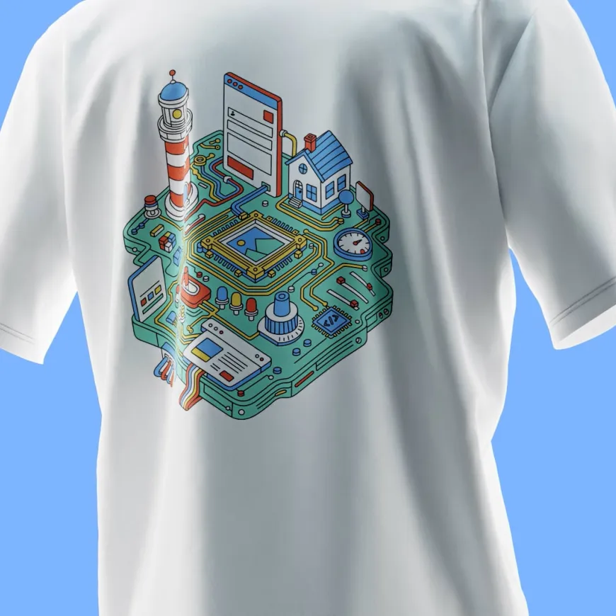 3D render of a white t-shirt with an illustration of an Upkeep digital mini world with light house and digital components.