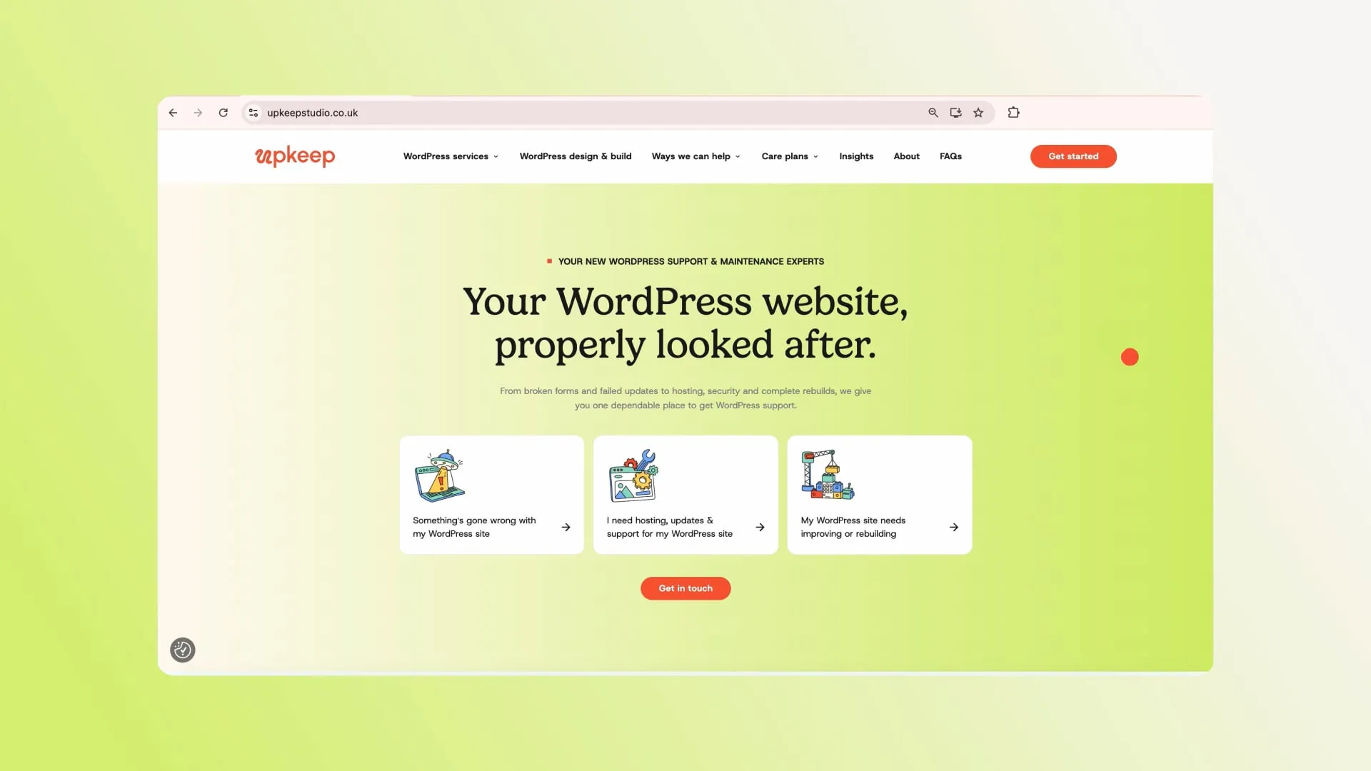Screen capture of the Upkeep home landing page, over a lime and parchment gradient background.