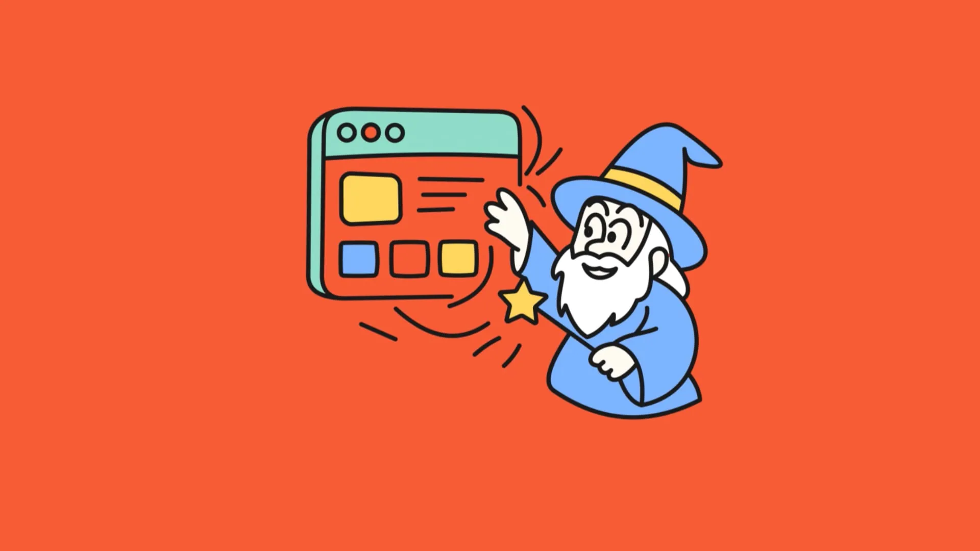 Marketing wizard icon waving his wand over a floating desktop screen, on a red background.