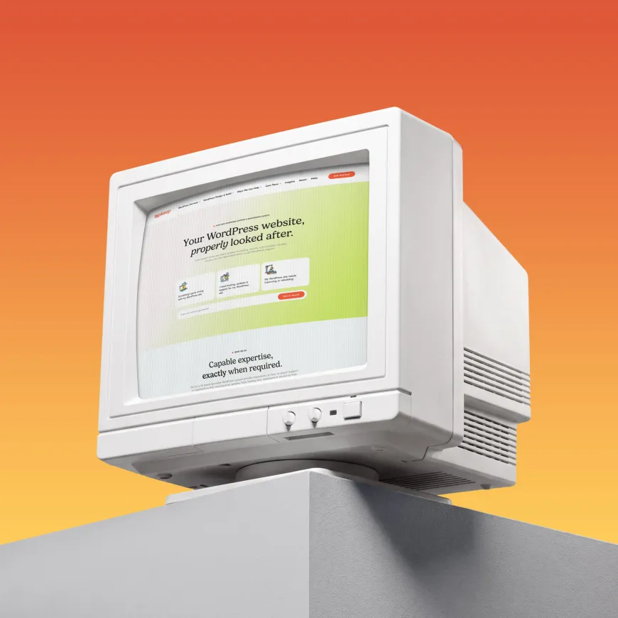 Upkeep website homepage displayed on an old boxed computer screen, retro 80's style. With an orange and yellow gradient background.
