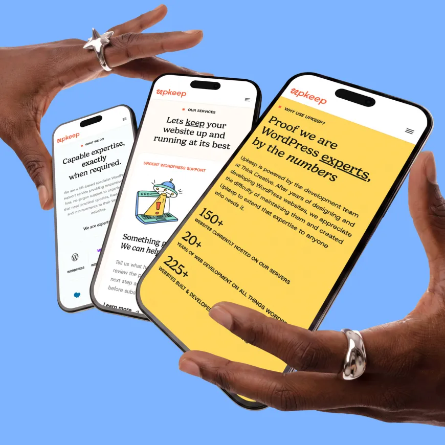 Three mobile mockups with the Upkeep websites fanned out in the centre of two hands over a bright blue background.