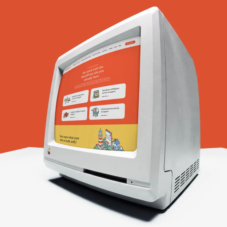 Retro 80's style boxed original apple computer screen displaying Upkeep website page.