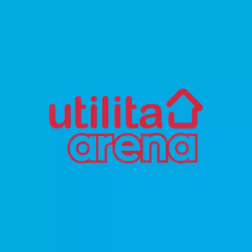 Utilita arena logo in red on a bright blue background