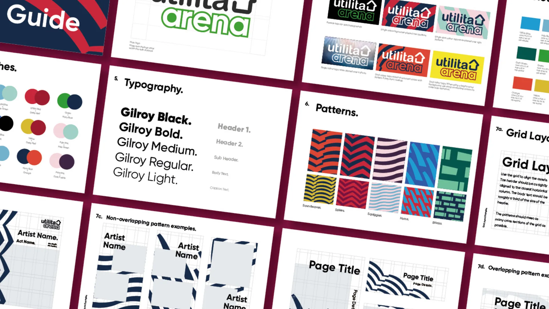 Spread of Utilita Arena brand guidelines spread out on dark red background.
