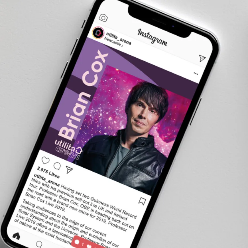 Mobile phone mockup of Utilita arena instagram post of Brian Cox.