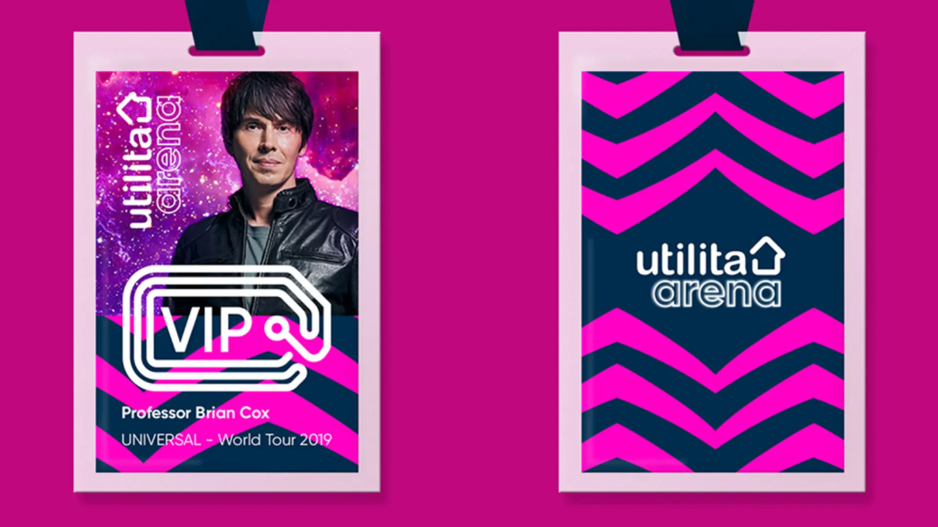 Utilita arena hot pink VIP lanyard badges.