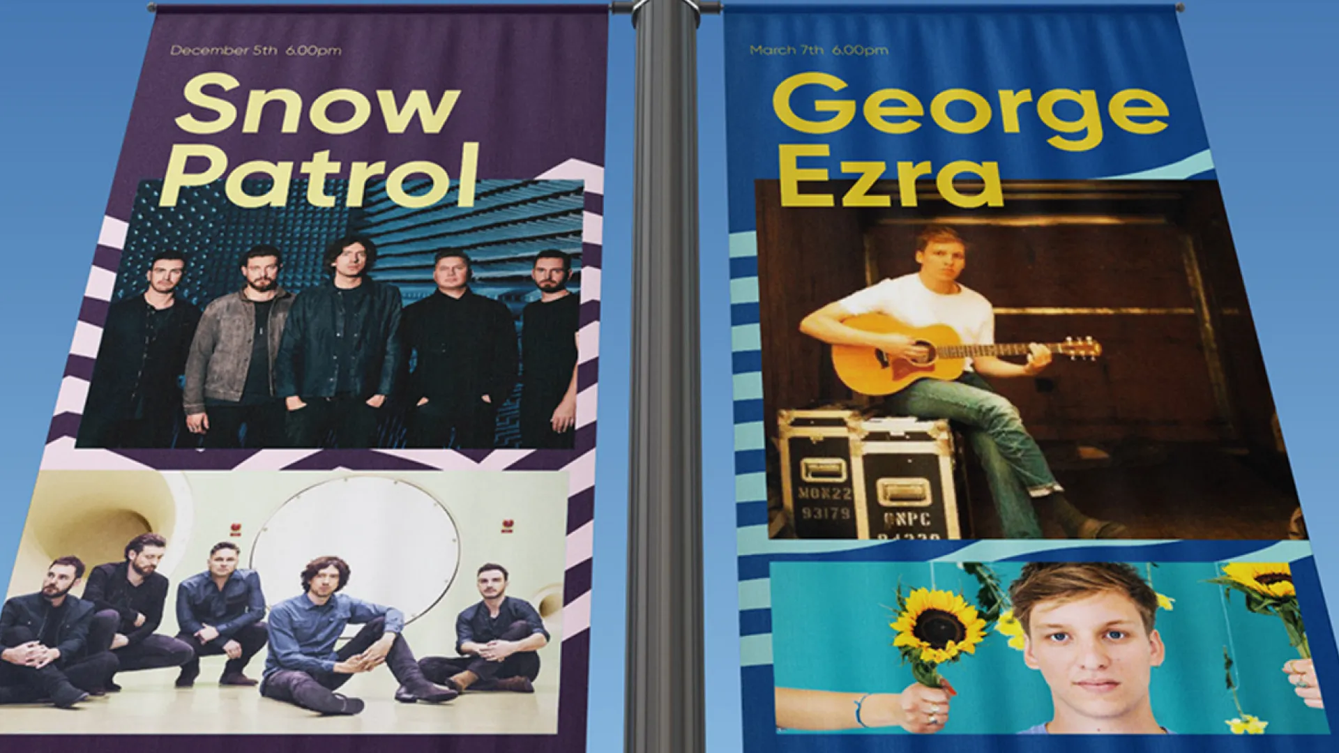 Two portrait banners advertising Snow Patrol and George Ezra at the Utilita Arena.