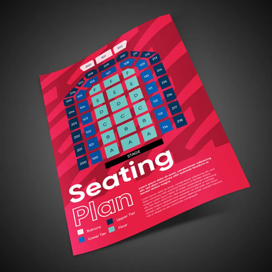 Red seating plan poster for Utilita stage layout.