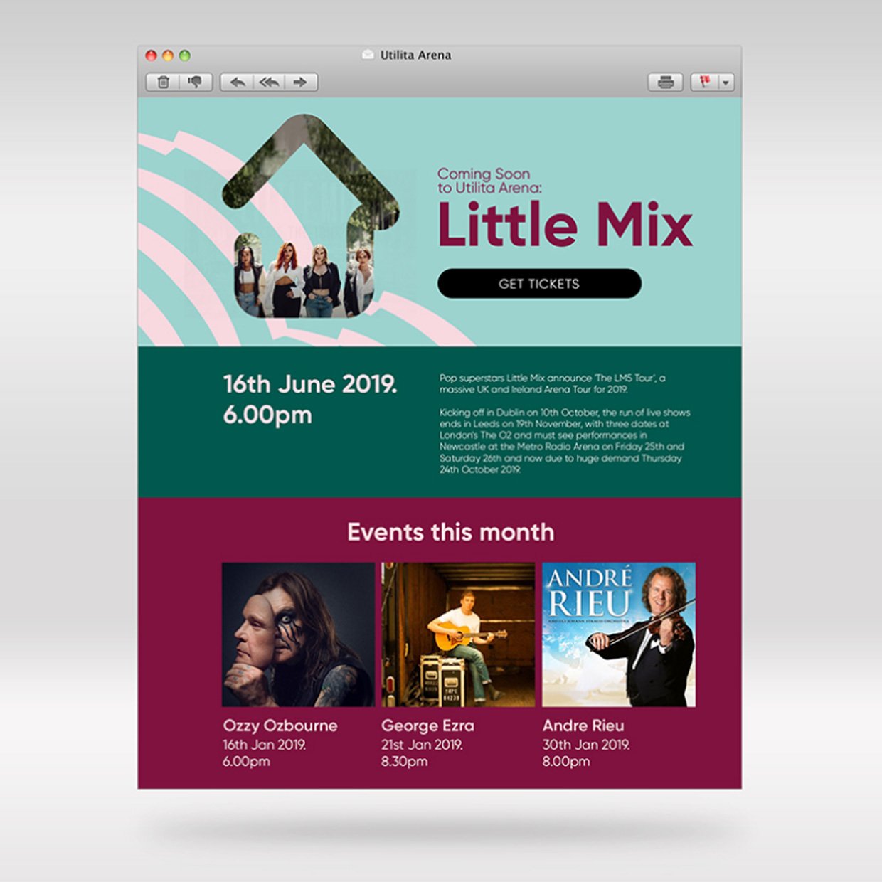 Utilita Arena website desktop screen mockup.