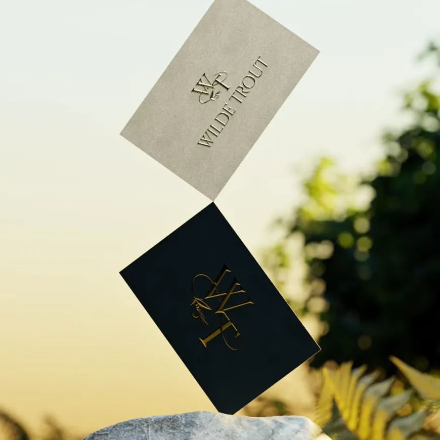 Two business cards suspended balancing on the corner of one another on a rock.