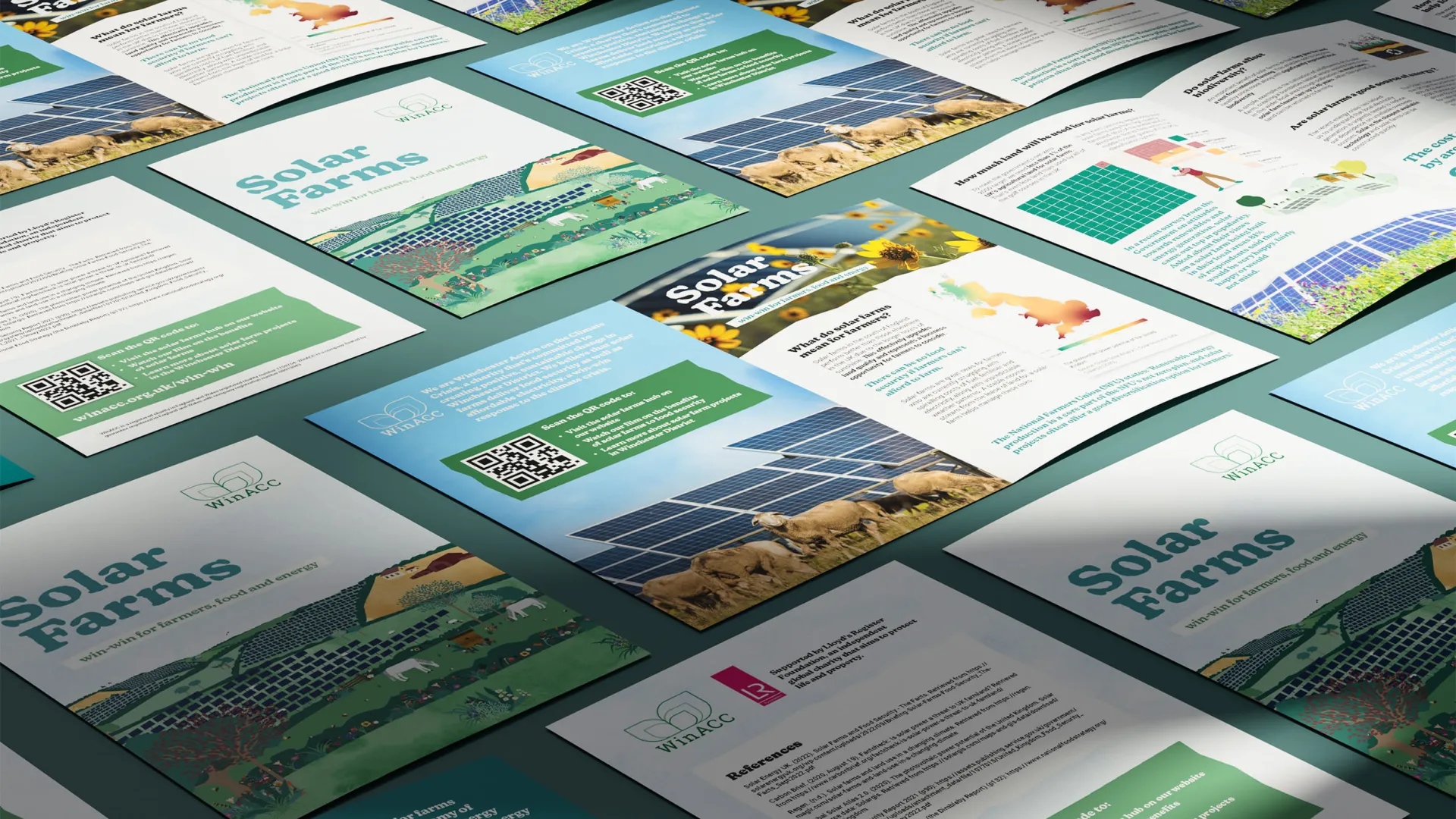 a digital render of brochures with information about solar farms