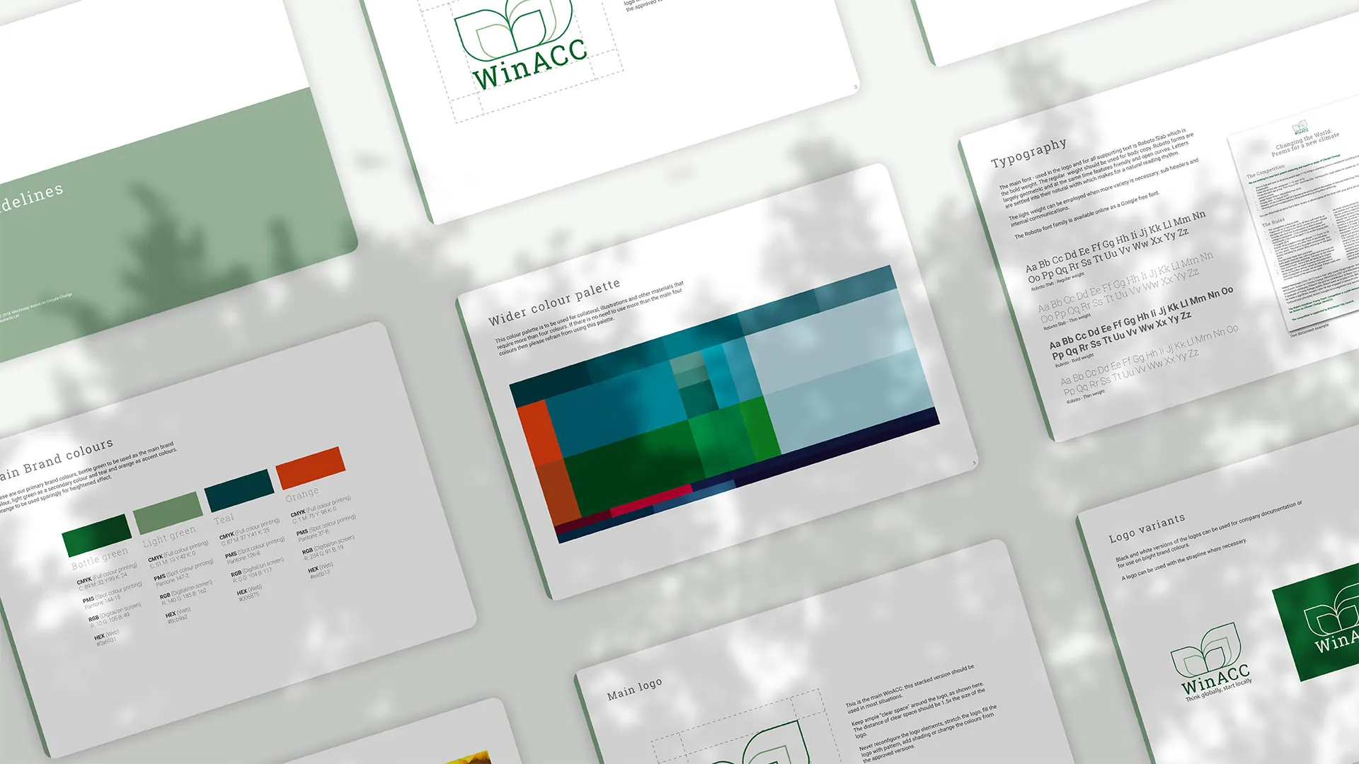Digital mock up of brand guidelines featuring colours and fonts