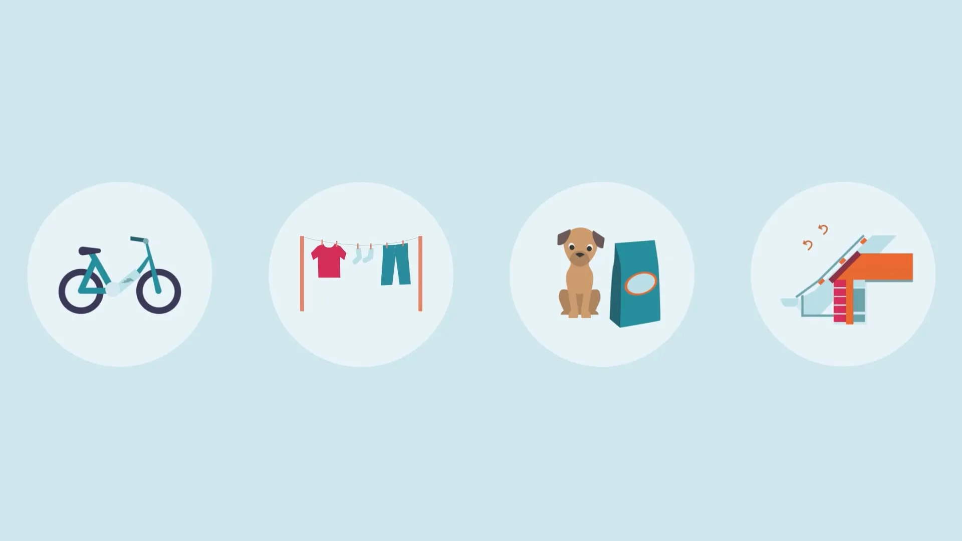 a light blue image with four circles, with a bicycle, a washing line and a dog