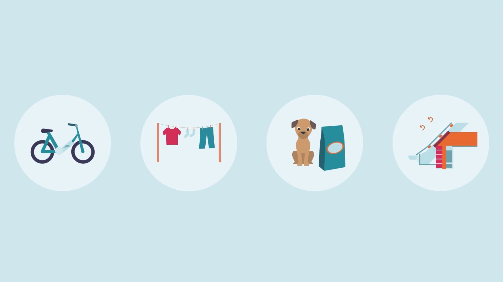 a light blue image with four circles, with a bicycle, a washing line and a dog
