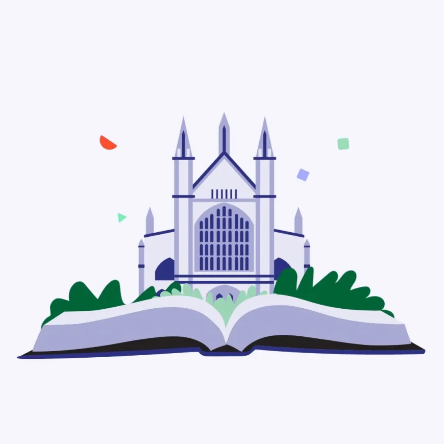 Illustration of Winchester cathedral emerging from an open book