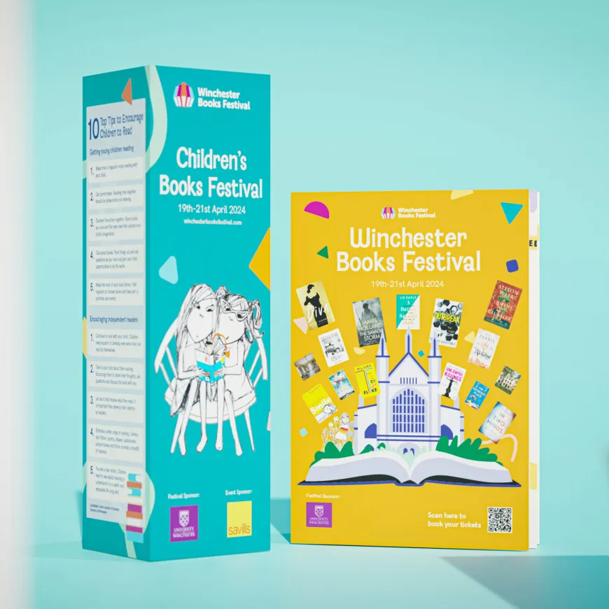 Winchester books festival booklet and flyer stood in a blue background