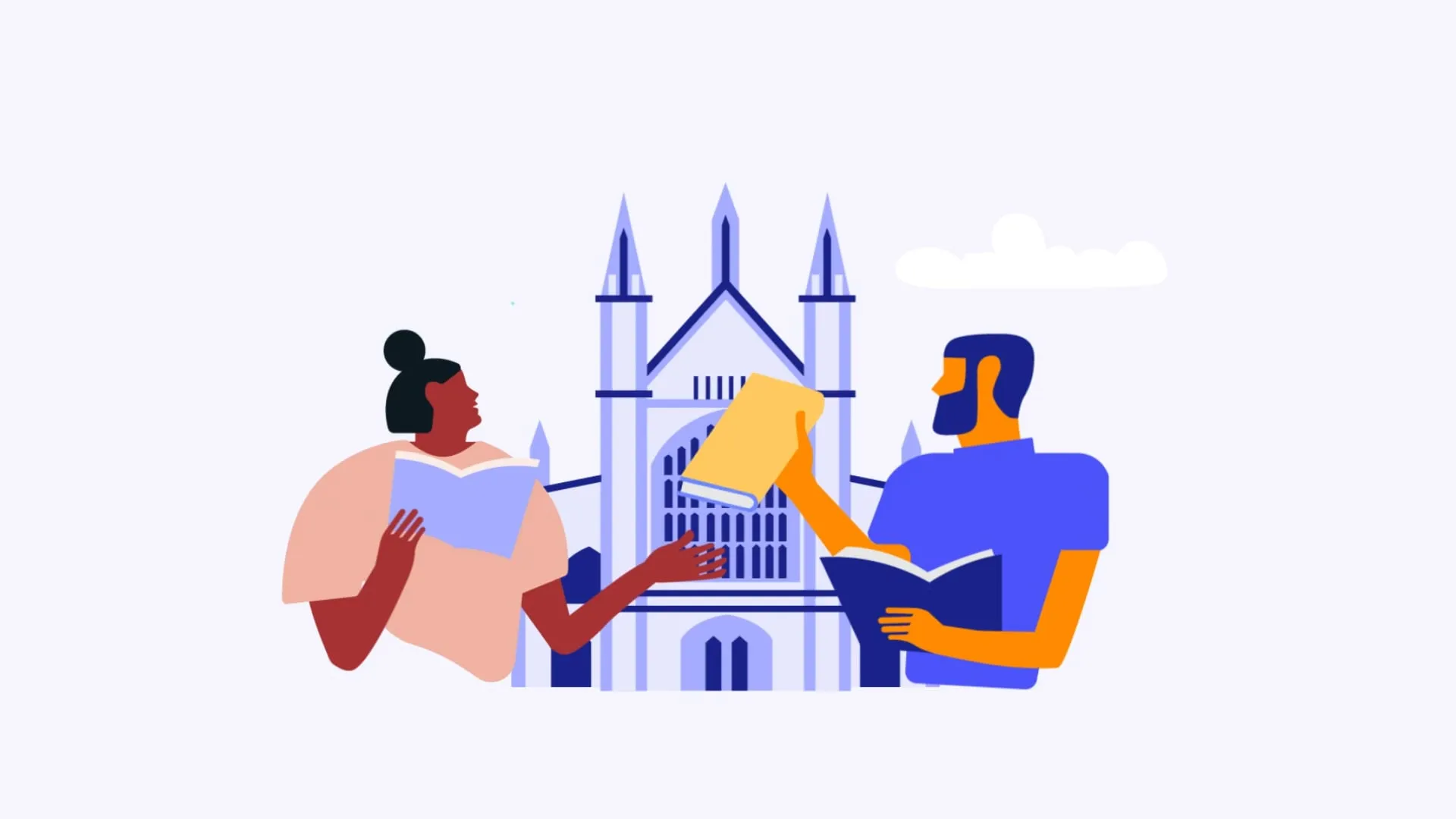 Illustration of two characters exchanging books in front of Winchester cathedral