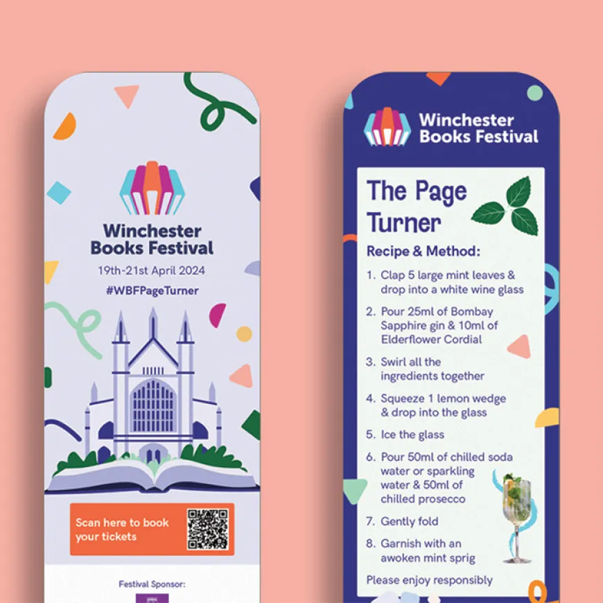 Four Winchester books festival book marks with 'The Page Turner' drinks recipe
