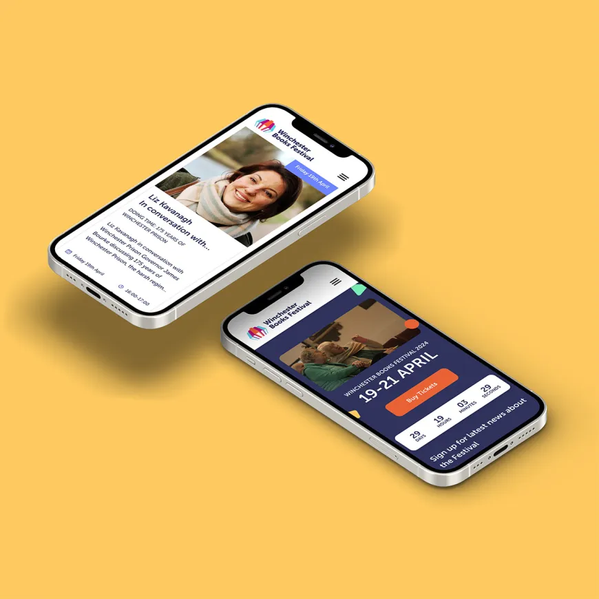 Two floating mobile mockups of Winchester books festival website