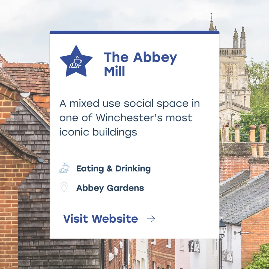 Business card component for Abbey Mill over an image of the buildings in Winchester