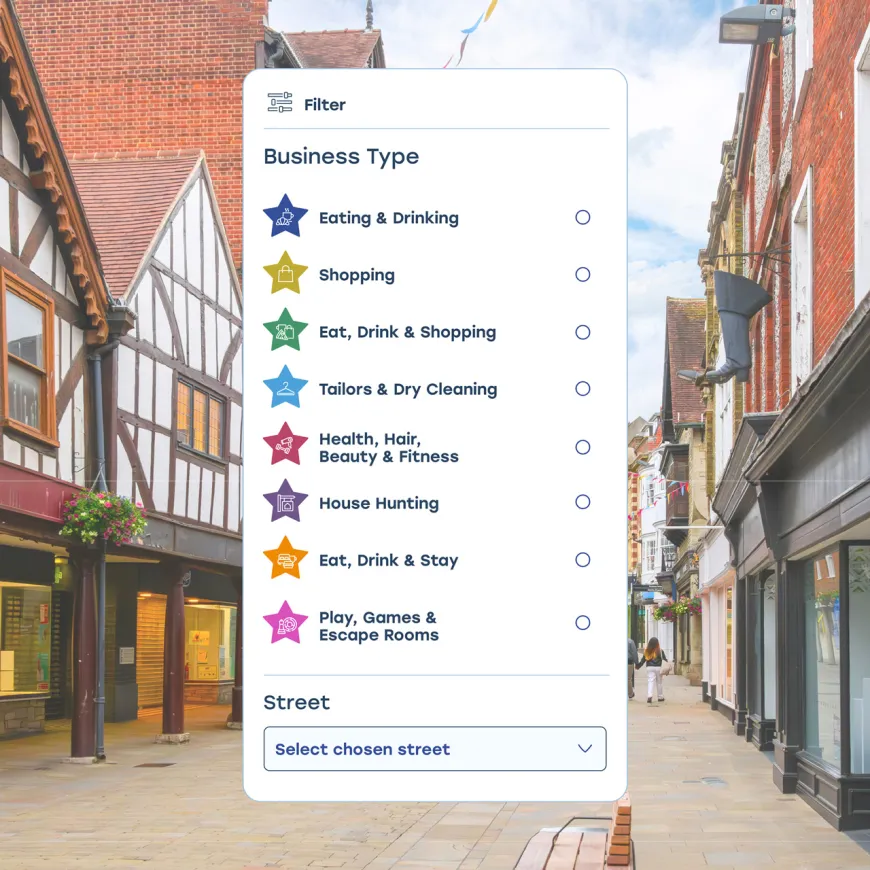 Search filter component with various coloured star icons, overlaying an image of Winchester high street.
