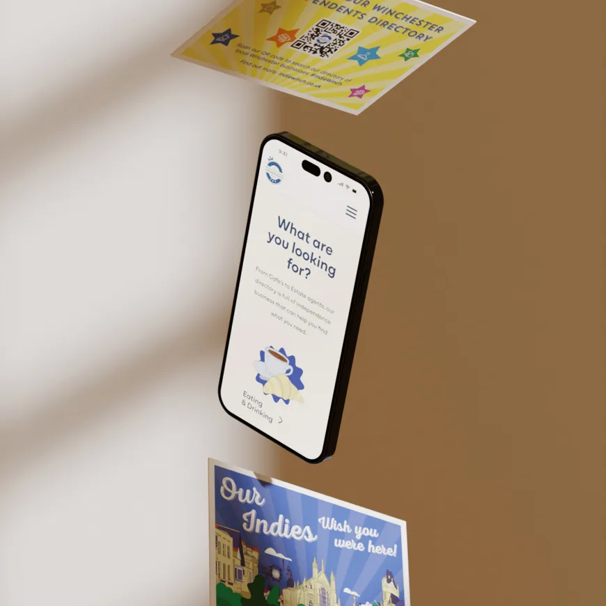 Floating mockup of two colourful postcards with a mobile phone mockup suspended in the middle