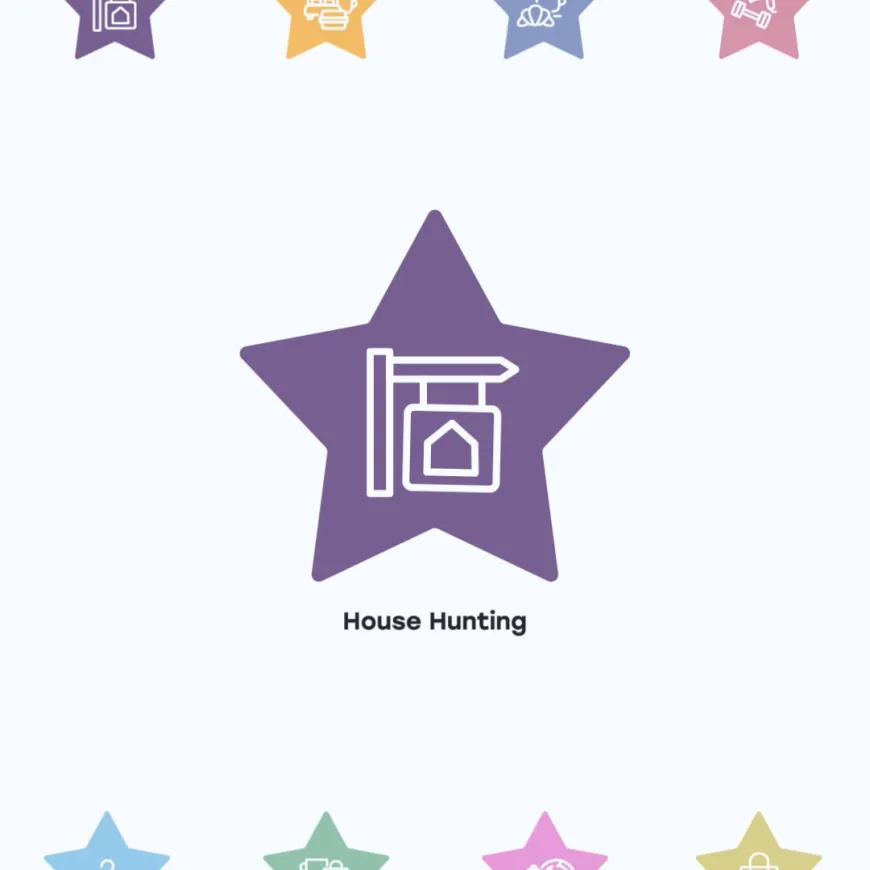 Purple star icon for 'House Hunting' with multicoloured selection of star icons in a row above and below.