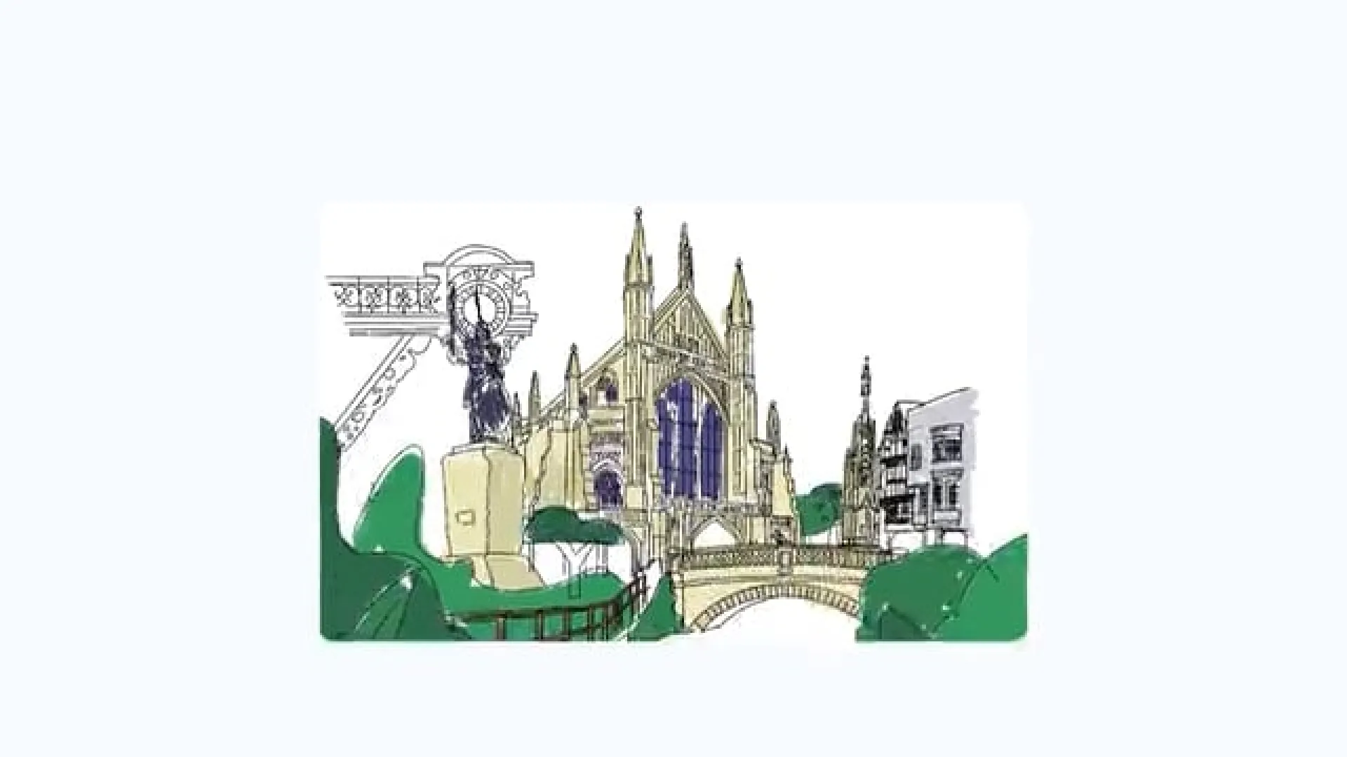 Rough sketch of Winchester with cathedral and King Alfred statue.