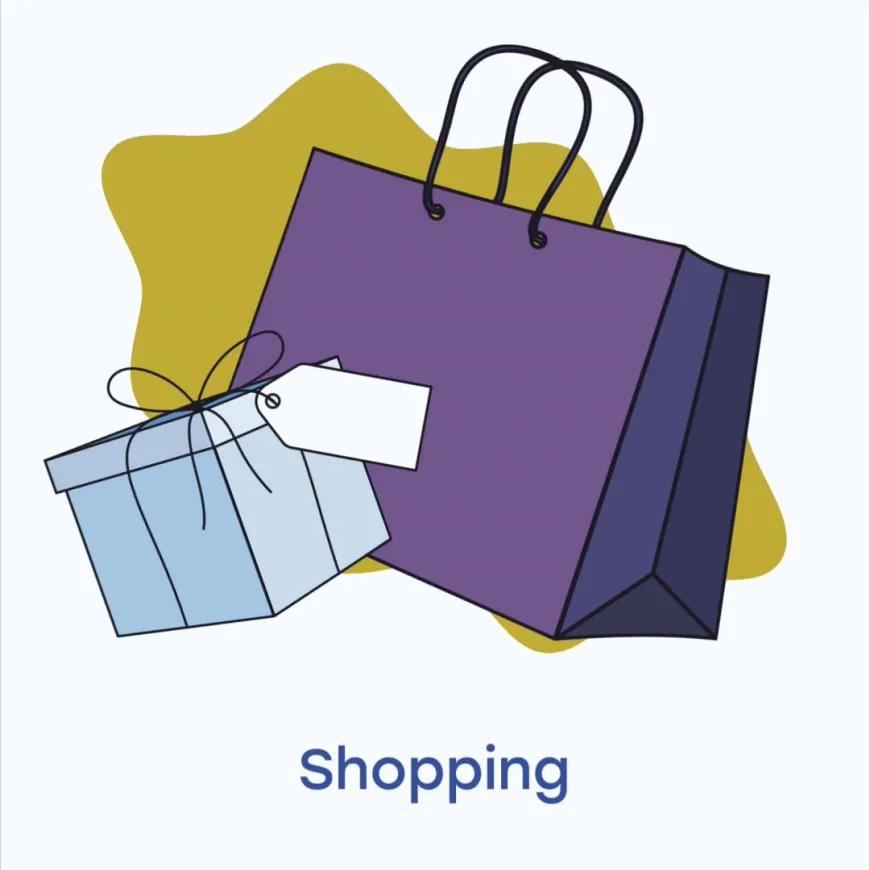 Illustration of a purple shopping bag and blue gift box floating over a gold roundel.