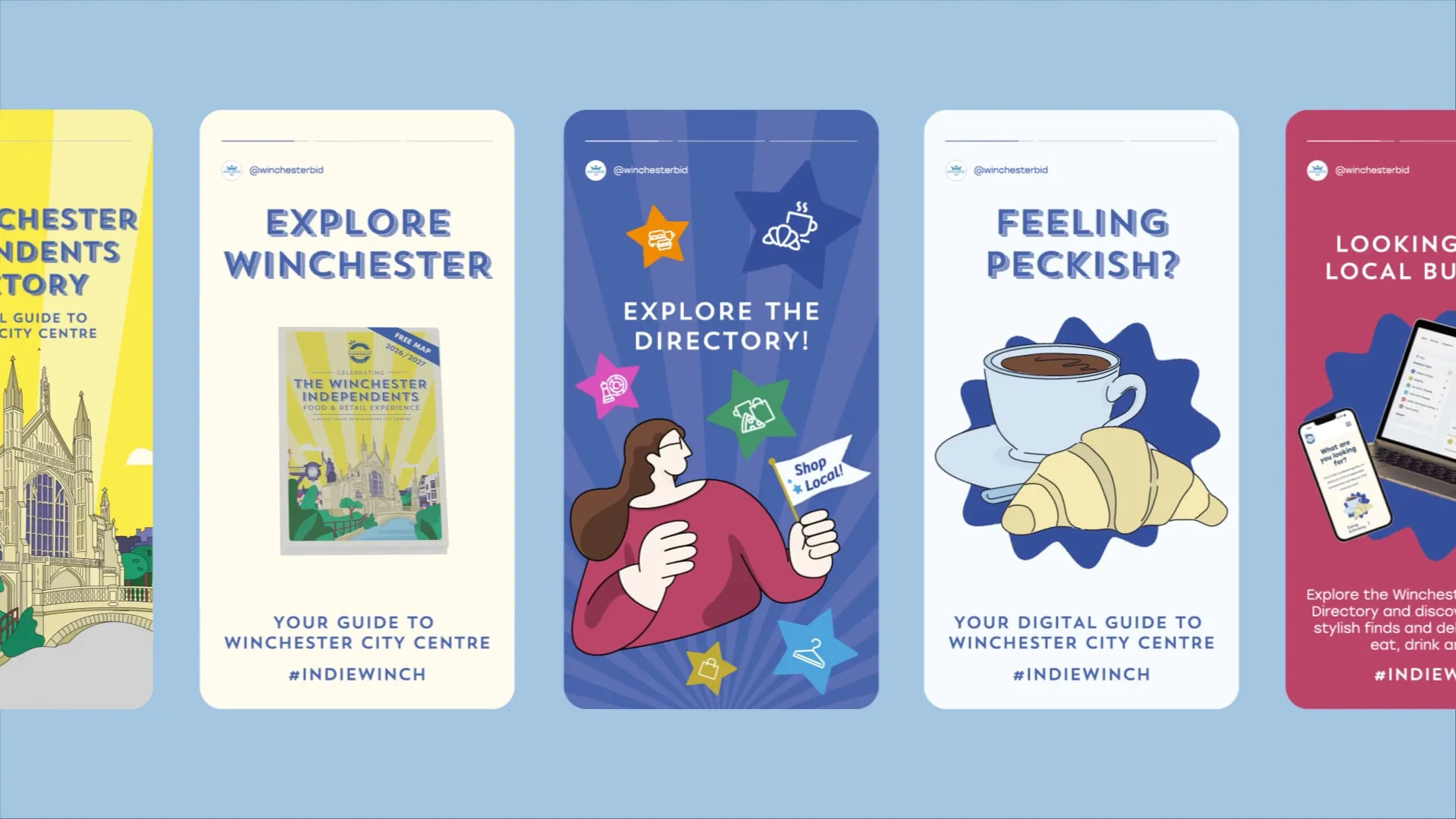 Carousel of Winchester Independents themed Instagram stories designs.
