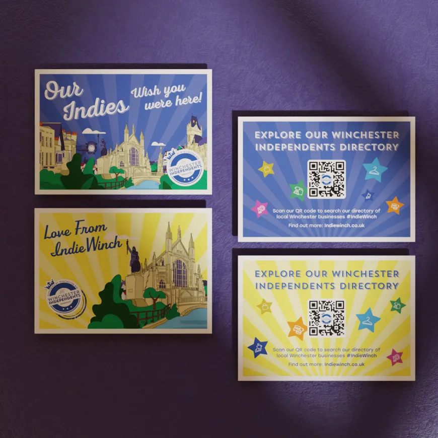 Winchester independents postcards in yellow and blue designs laid on deep blue background.