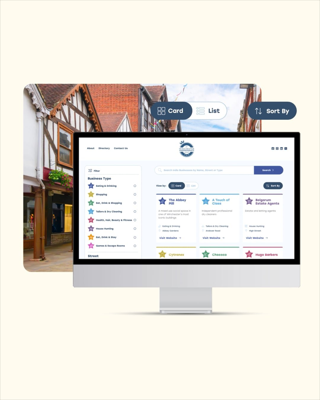 Image of Winchester high street with desktop mockup of website.