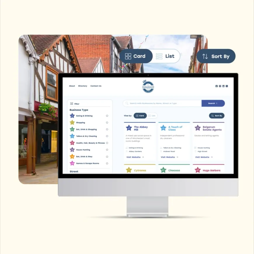 Image of Winchester high street with desktop mockup of website.