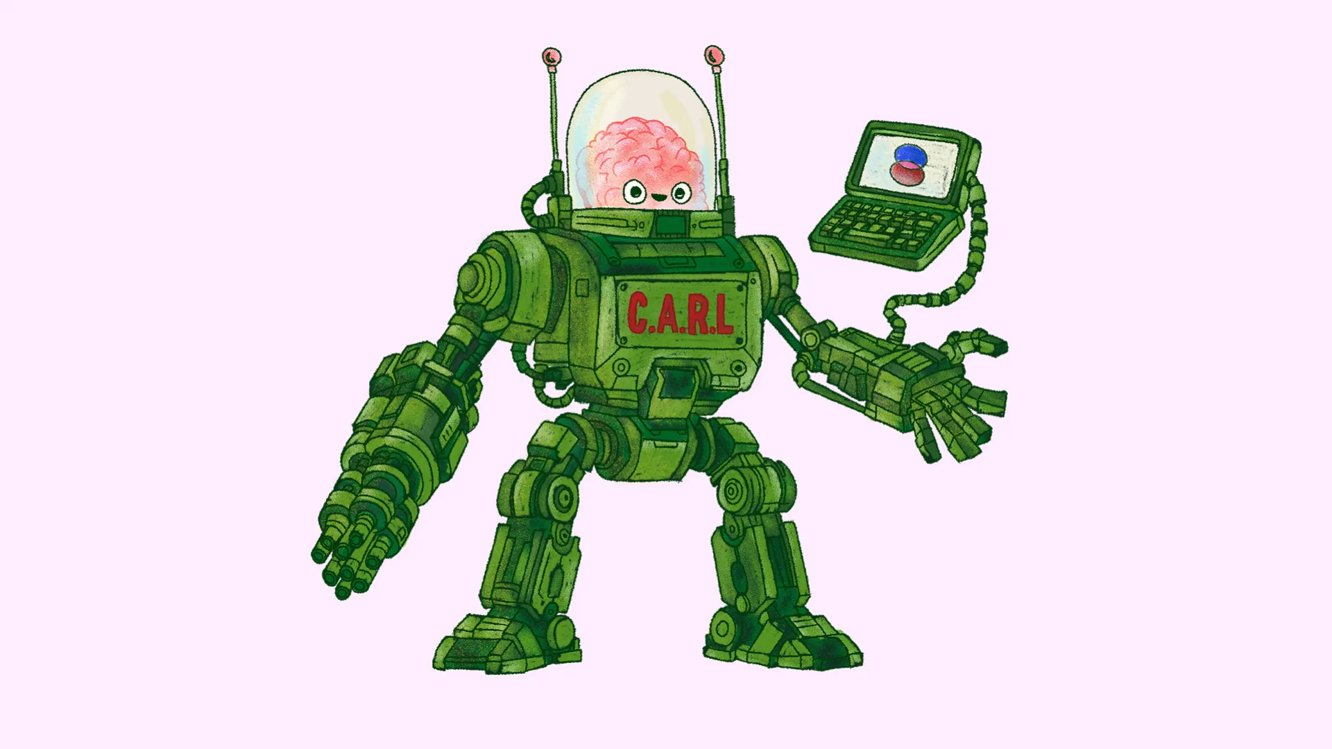 a giant green robot with a visible brain