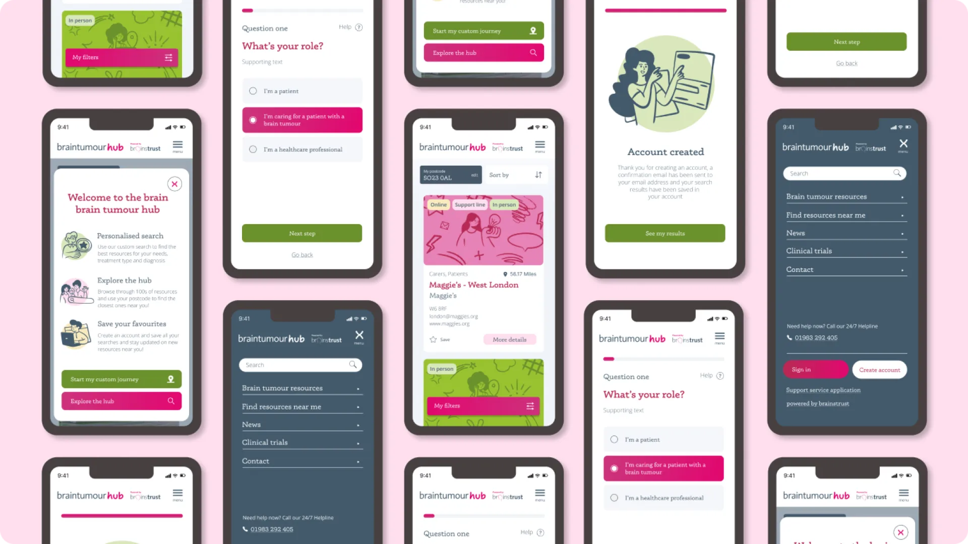 Multiple mobile mock up on a flt lay featuring the brain tumour hub website