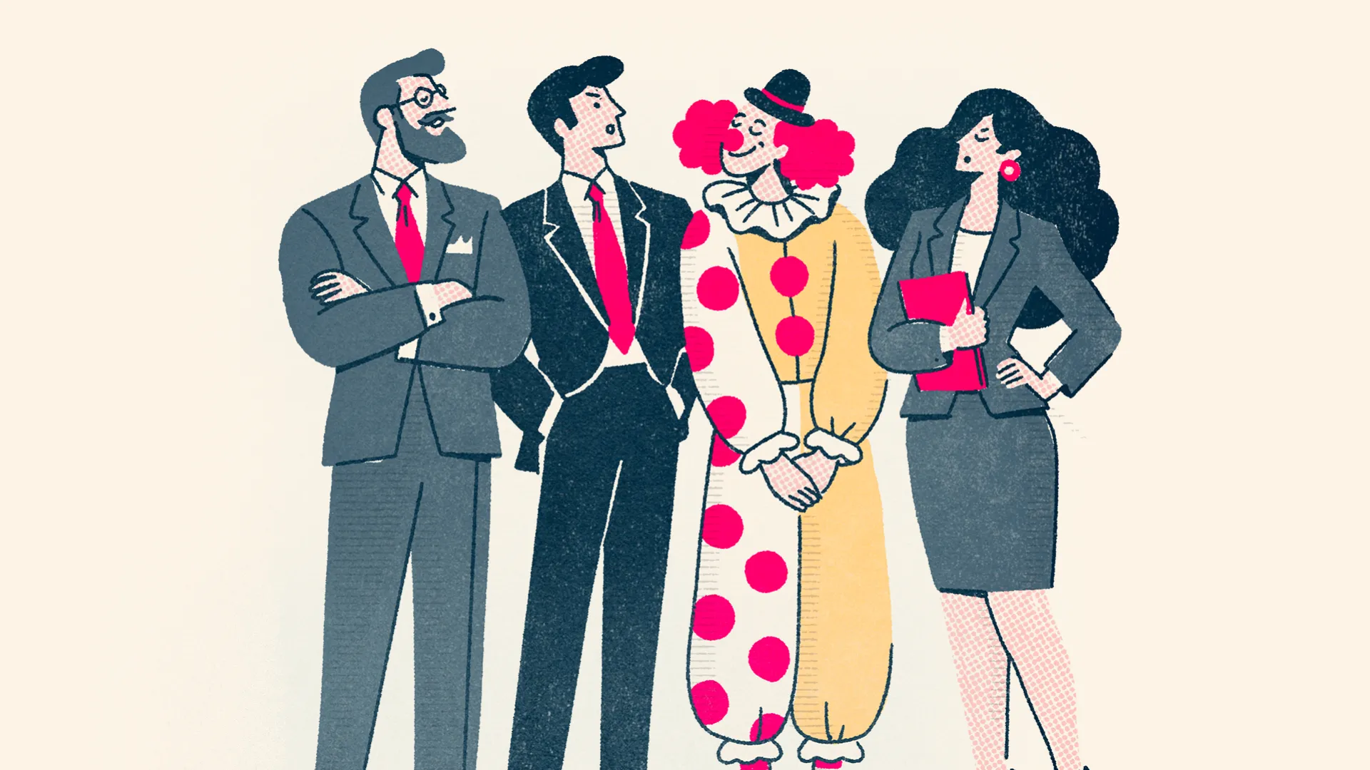 illustration of people in workwear and one as a clown